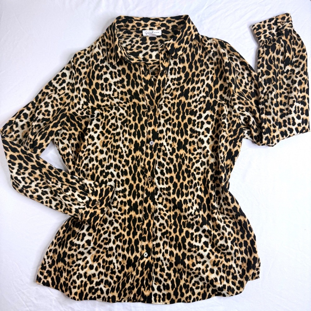 Jaclyn Smith Collection Leopard Print Button Down Shirt Gold Buttons Large